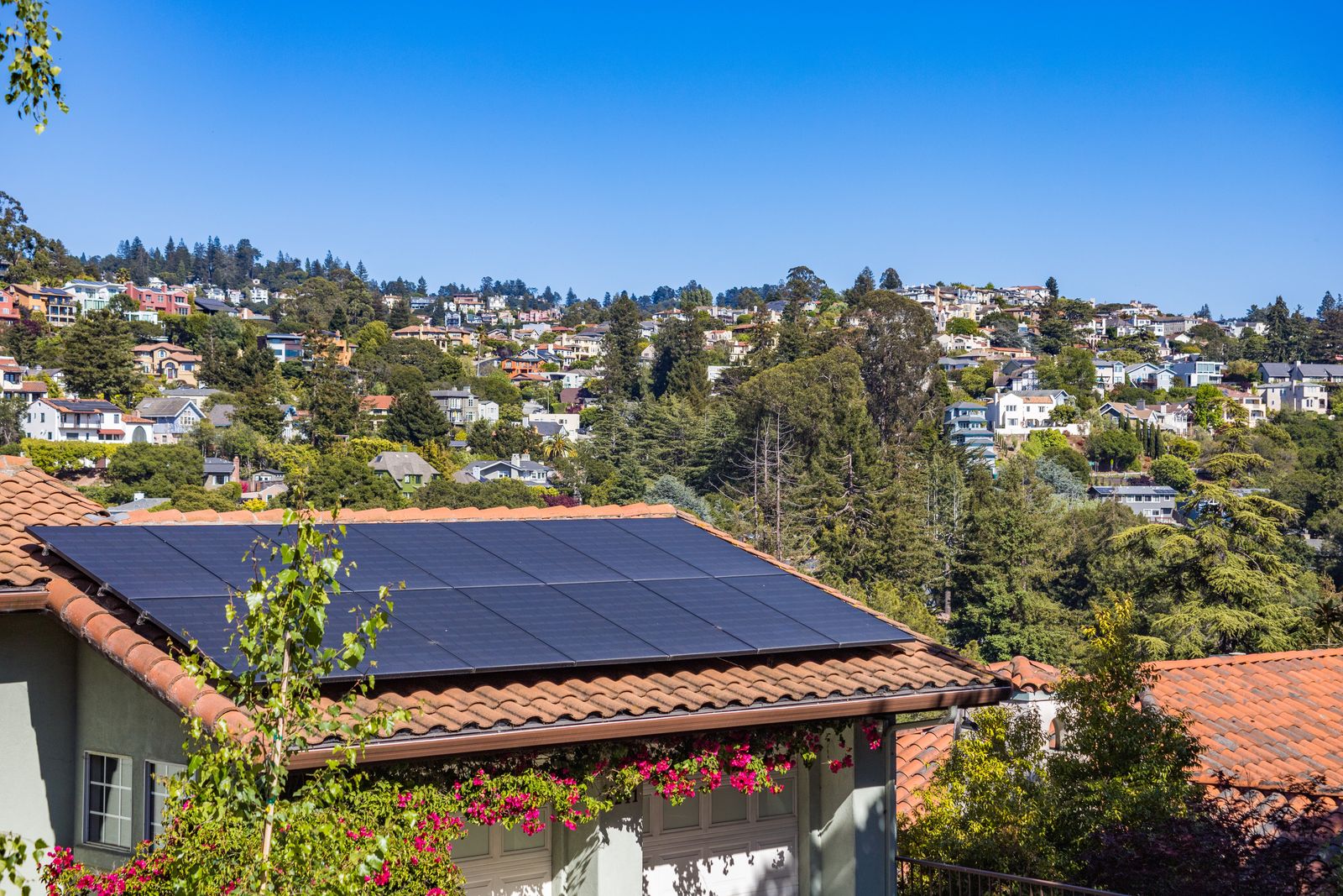 Casa moderna con paneles solares en el techo rodeada de vegetación
